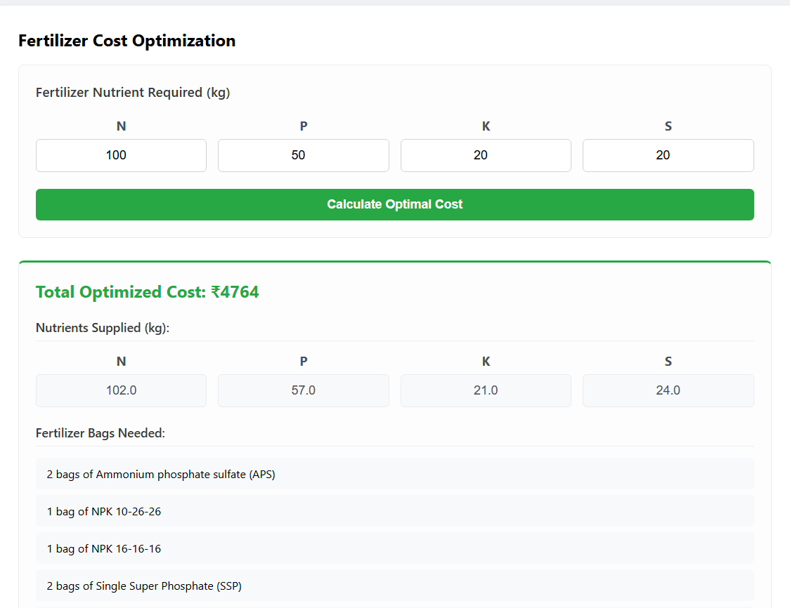 Fertilizer cost optimization screen